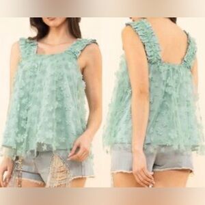 Sleeveless Mint Floral Tulle Tank Top - Women
